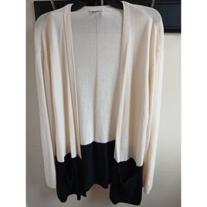 JJill Women Cream Black Color Block Cardigan Wool Blend Sweater Pockets M
